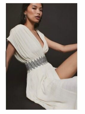 Free People Devon Maxi Dress Cream Lightweight V-Neck - Small
